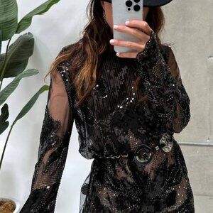 Amber Nights Black Beaded Mini Dress